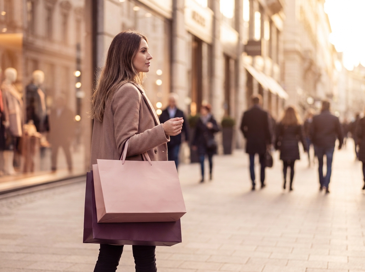 Shopper on an upscale retail street with shopping bags