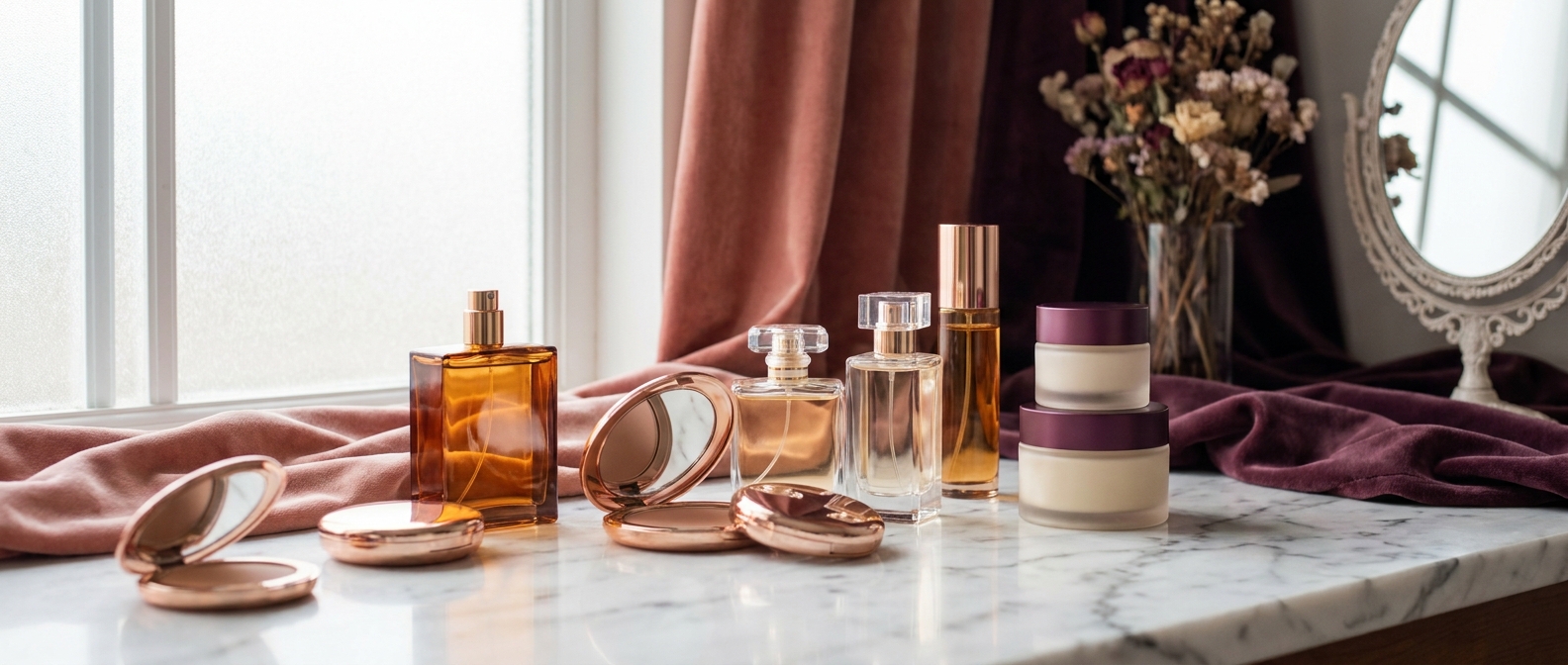 Luxury cosmetics on a marble beauty counter